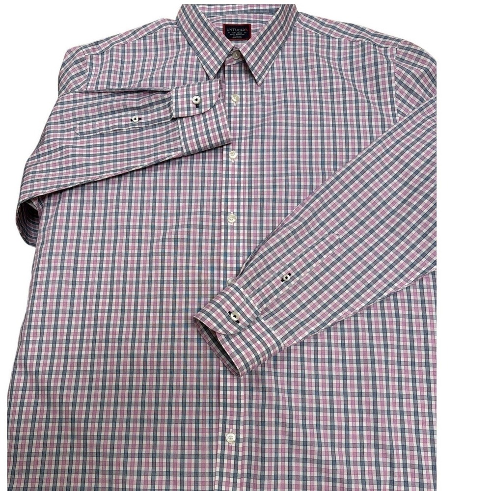 UNTUCKit Mens XXL Slim Fit Wrinkle Free Cotton Plaid Button Down Shirt Pink Blue
